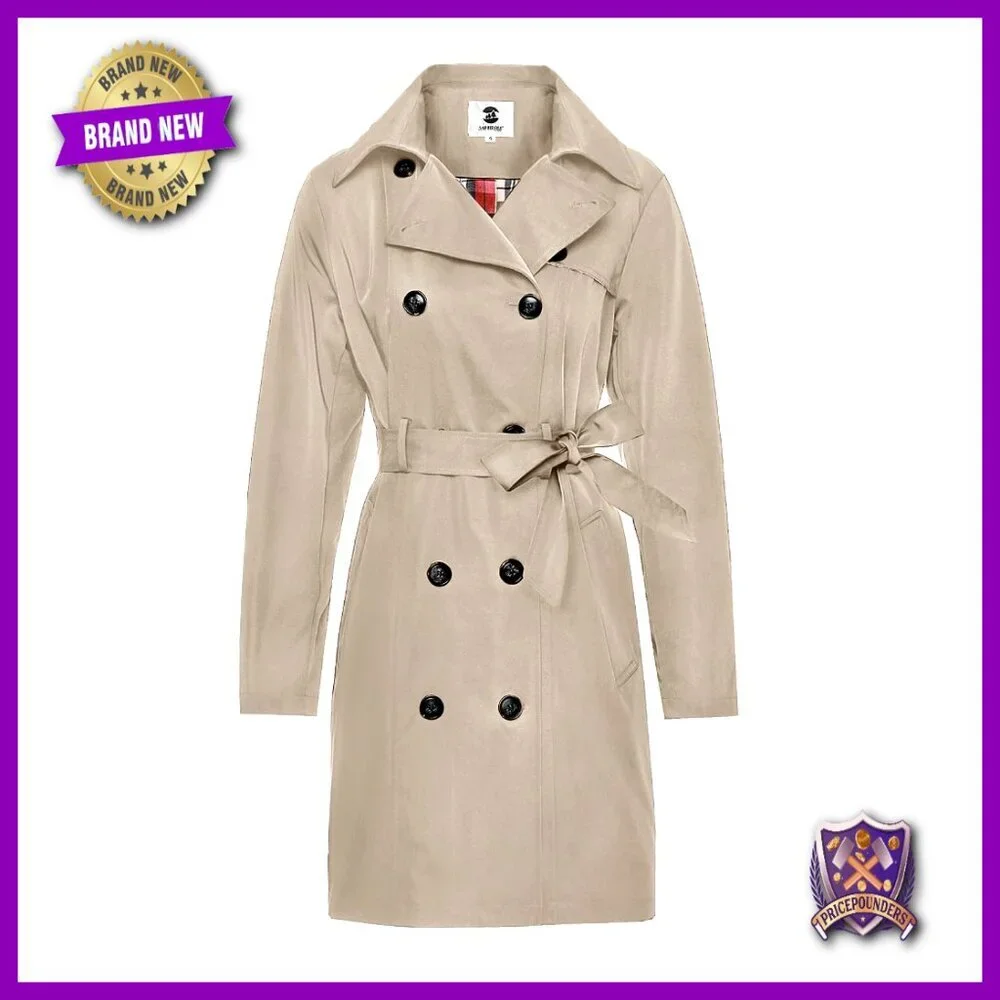 Water-Resistant Trench Coat Double-Breasted Long Peacoat Removable Hood Chic